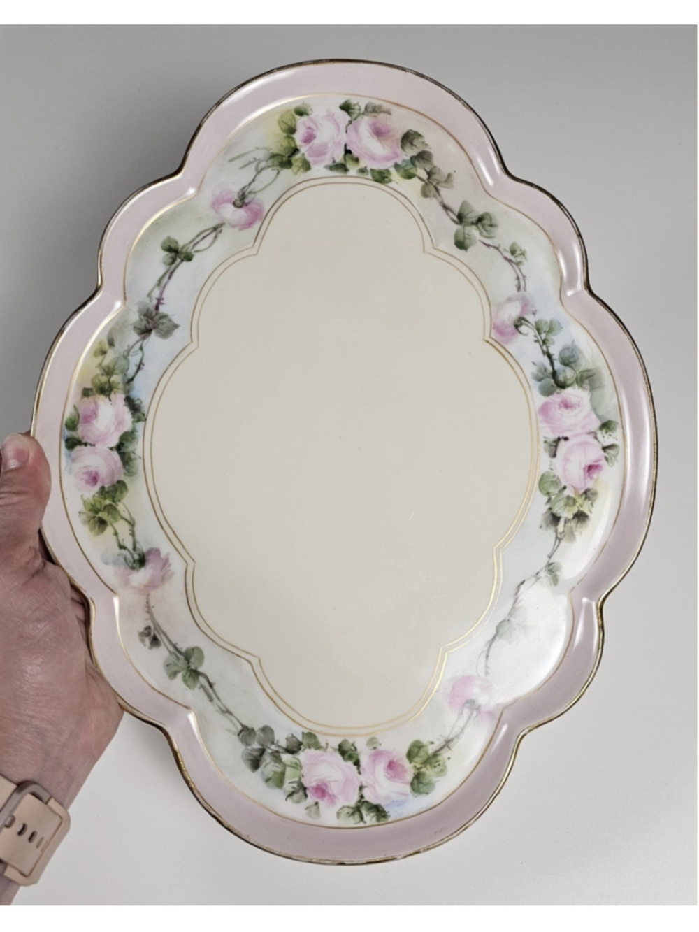 Antique GDA Limoges France Vanity Tray Hand Painted Pink Roses Gold Trim 1900 - Picture 7 of 15